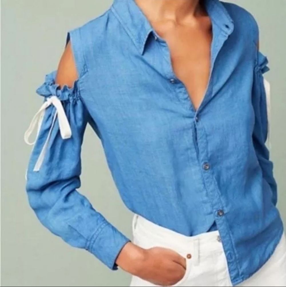 Rails Romy Cold Shoulder Ribbon Linen Button Down Blouse size XS/S Indigo Blue